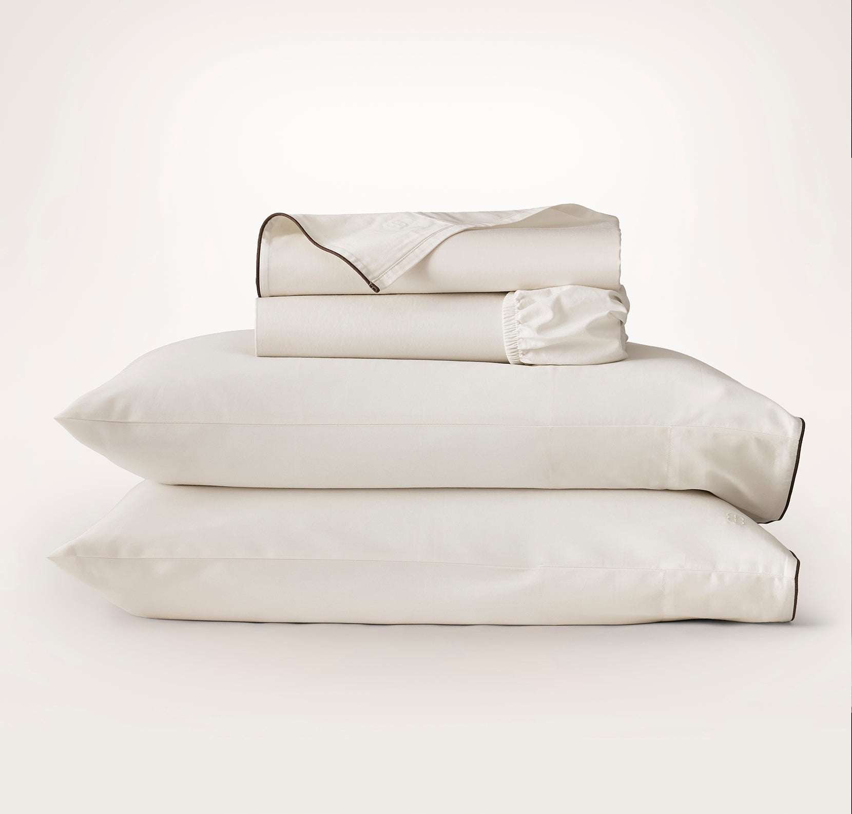 Bollandbranch Percale Embellished Sheet Set - Cream/Deep Walnut Piped Edge