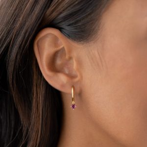 Linjer July Birthstone Drop Huggie Earrings - Pink Tourmaline
