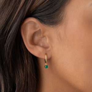 Linjer May Birthstone Drop Huggie Earrings - Green Chalcedony