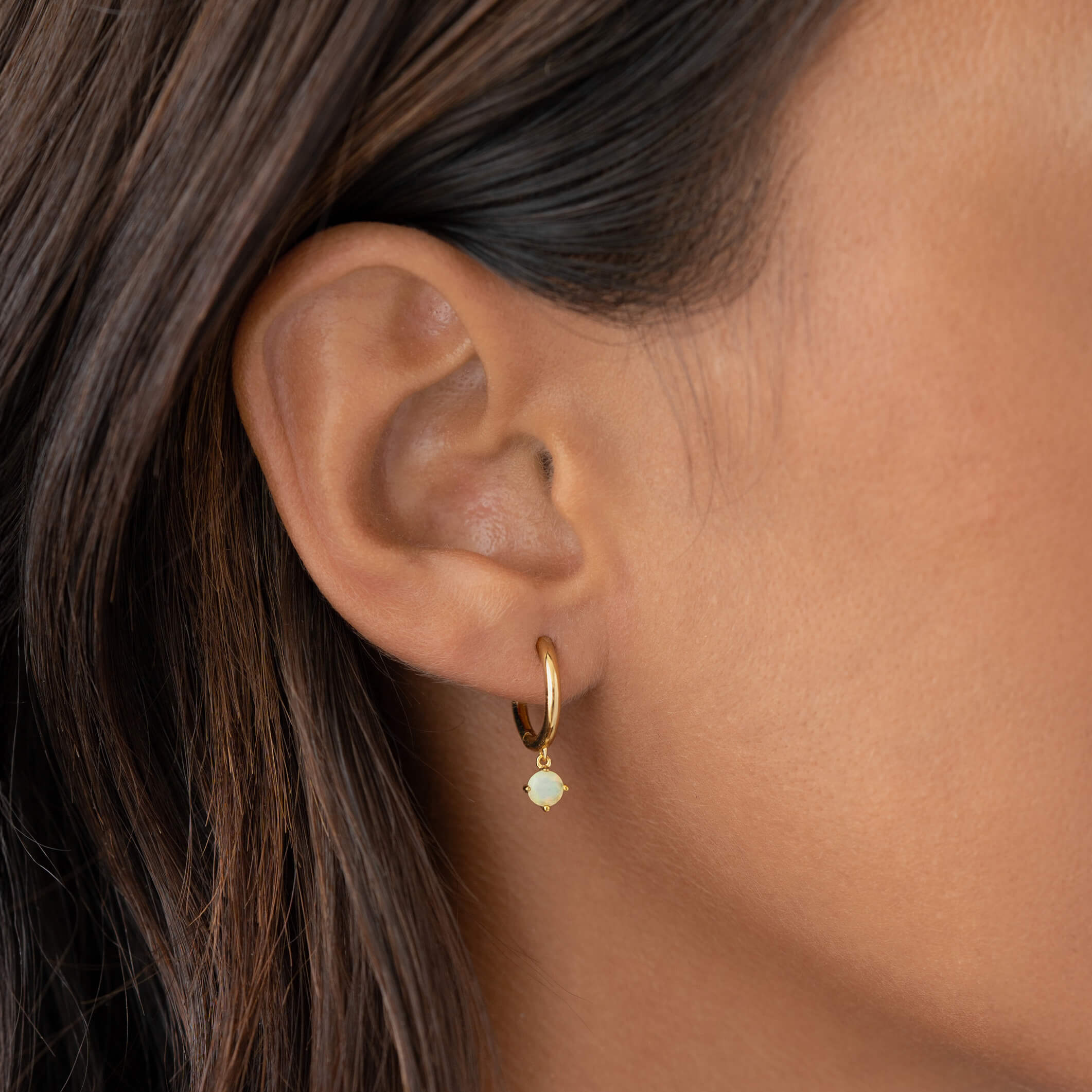 Linjer October Birthstone Drop Huggie Earrings - Opal