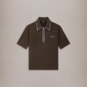 Amiri LEATHER TRIM KNIT ZIPPED POLO - Husk