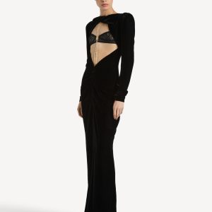 Balmain Robe longue en velours et dentelle