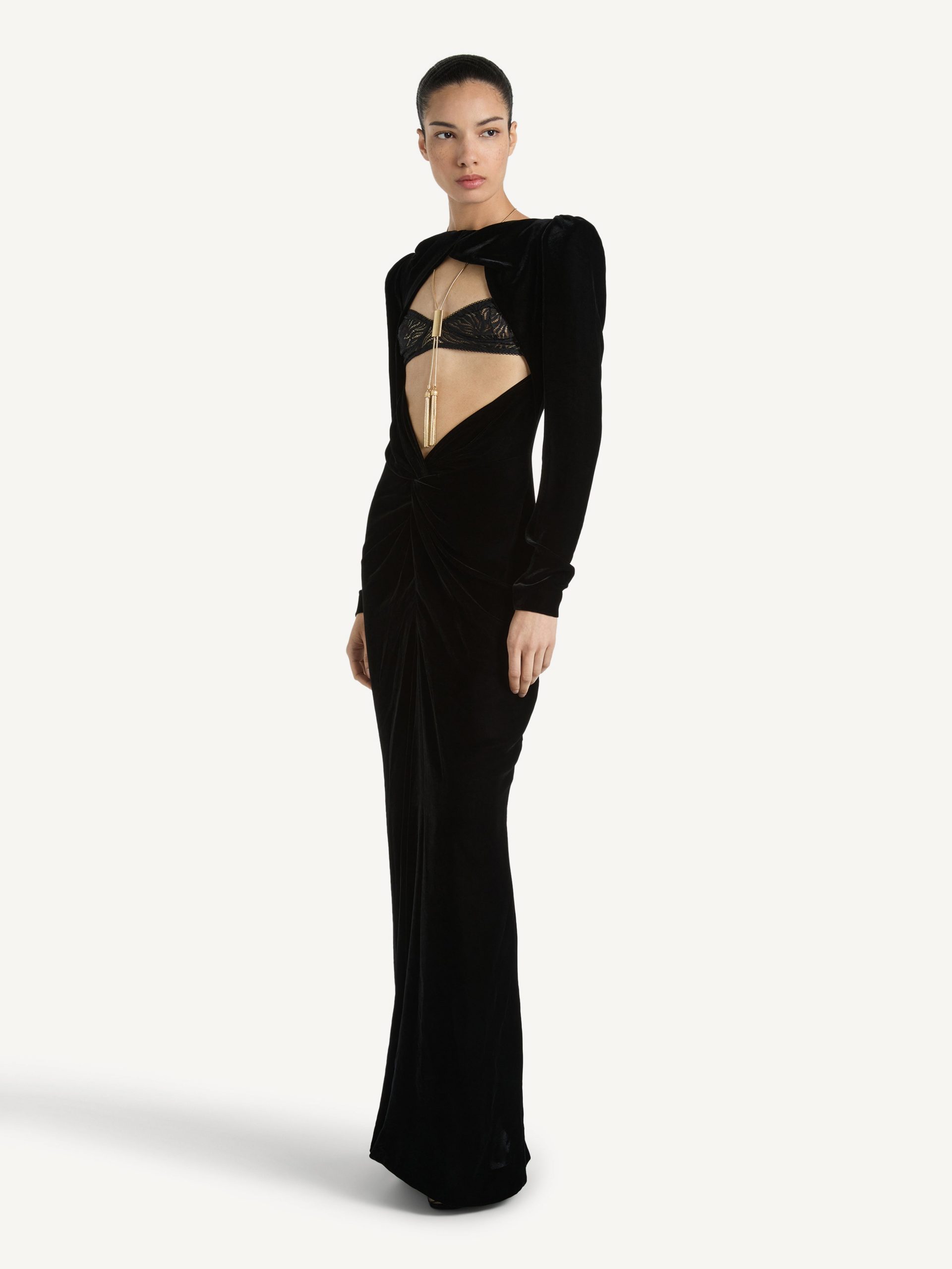 Balmain Robe longue en velours et dentelle