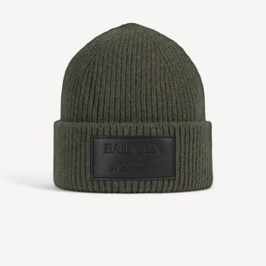 Bonnet en laine avec étiquette Balmain Vintage en cuir