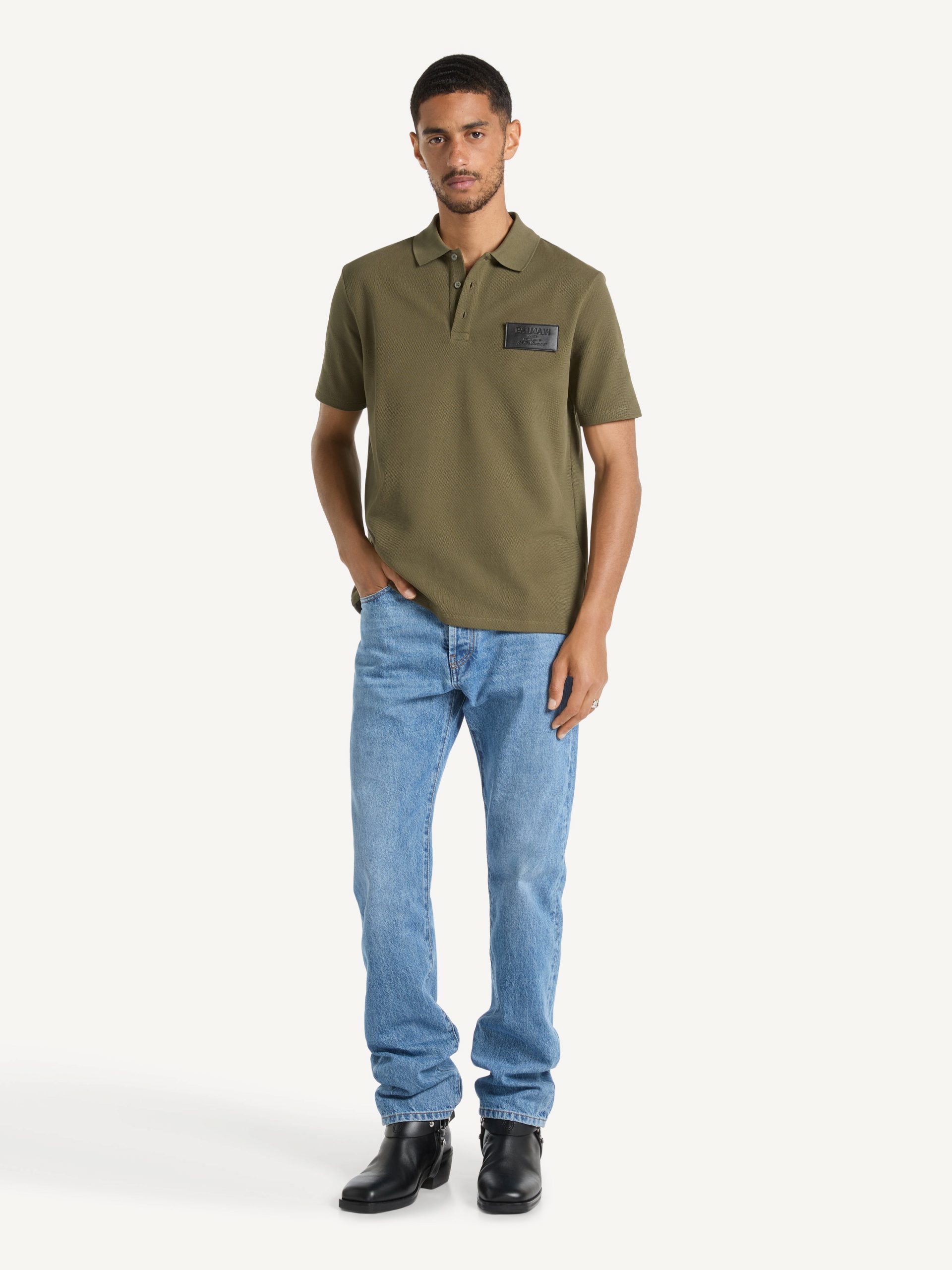 Polo en coton avec étiquette Balmain Vintage en cuir