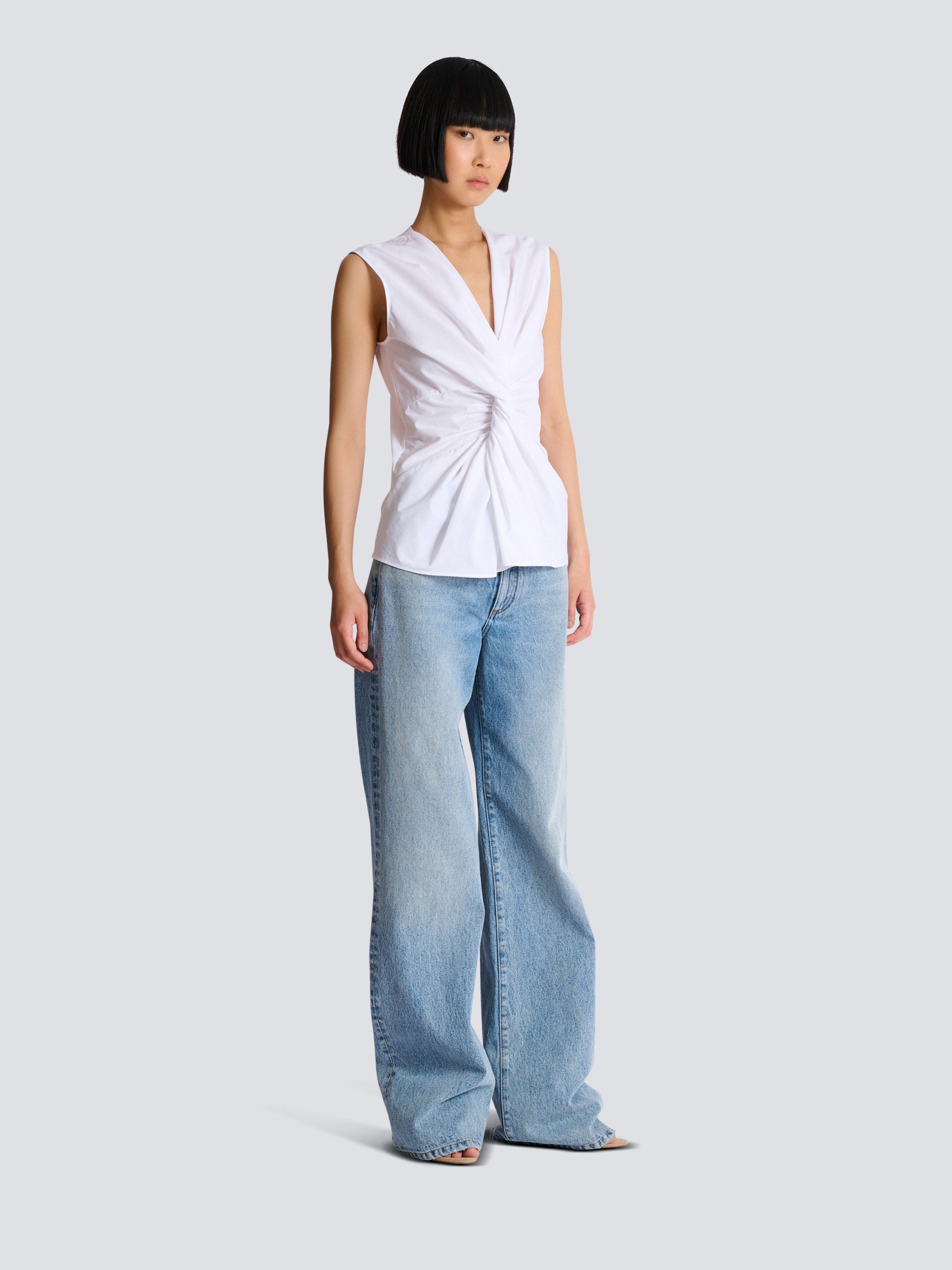 Balmain Chemise drapée sans manches en popeline de coton